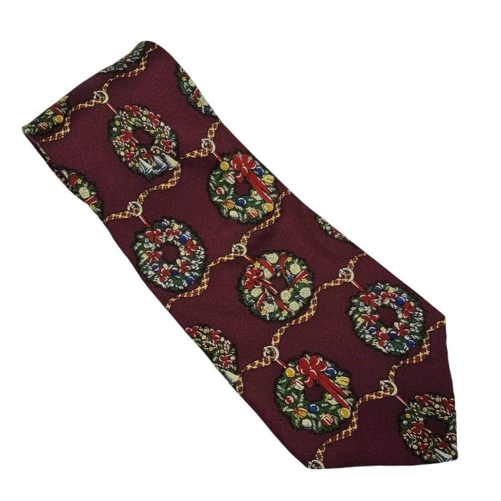 American Traditions 100% Silk Christmas Neck Tie Burgundy Wreath Holiday Novelty